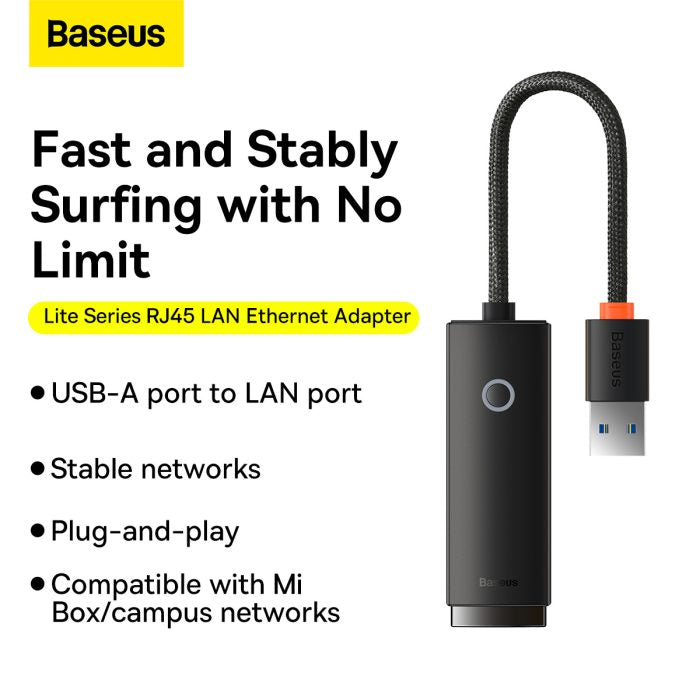 Baseus Lite Series Ethernet Adapter USB A to RJ45 LAN Port (1000Mbps) Black