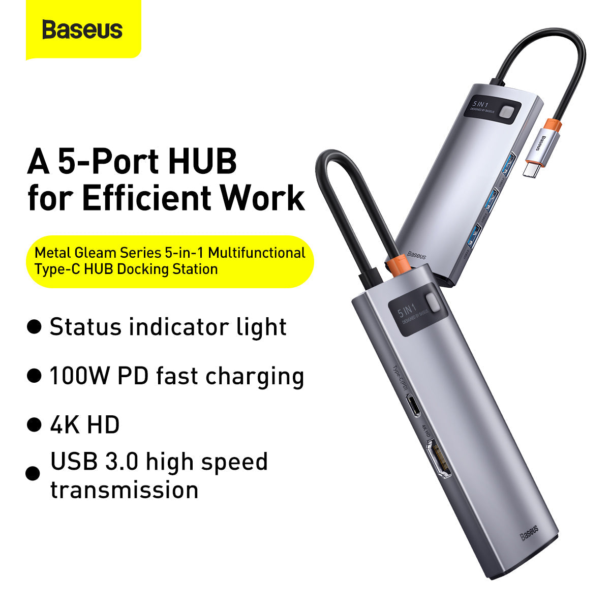 Baseus Metal Gleam Series 5 in 1 Multifunctional Type-C To Type C PD + HDMI + 3*USB Ports Hub