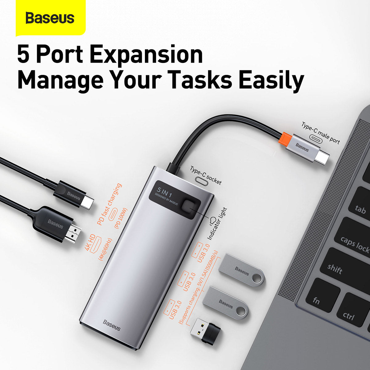 Baseus Metal Gleam Series 5 in 1 Multifunctional Type-C To Type C PD + HDMI + 3*USB Ports Hub