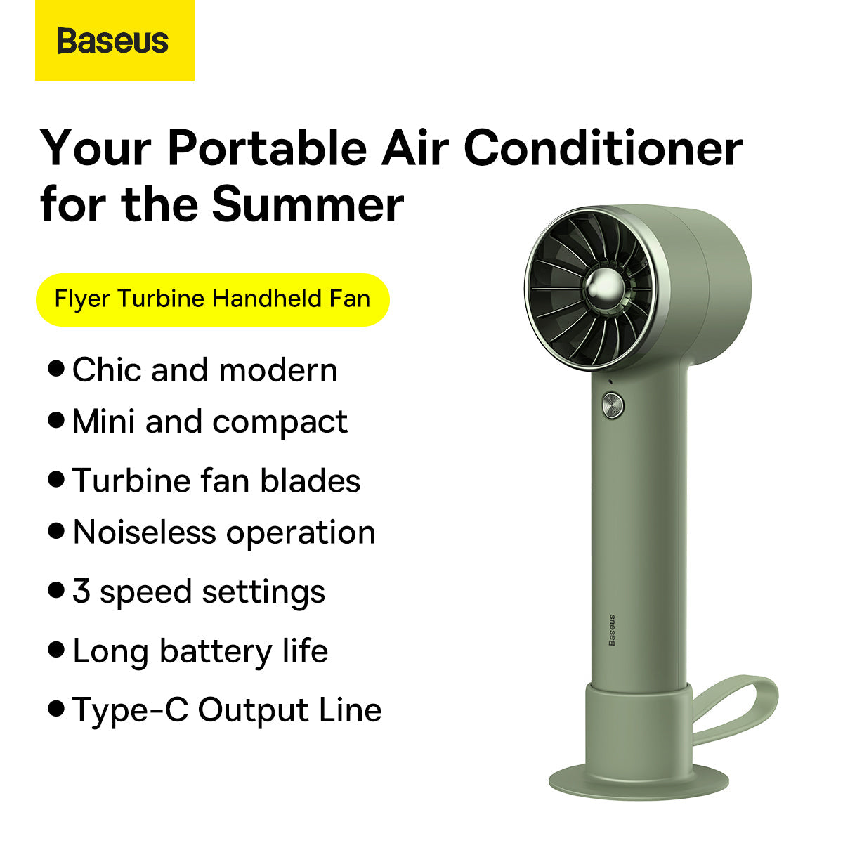 Baseus Flyer Turbine Handheld Fan High Capacity(4000mAh)Type-C Output Line Green