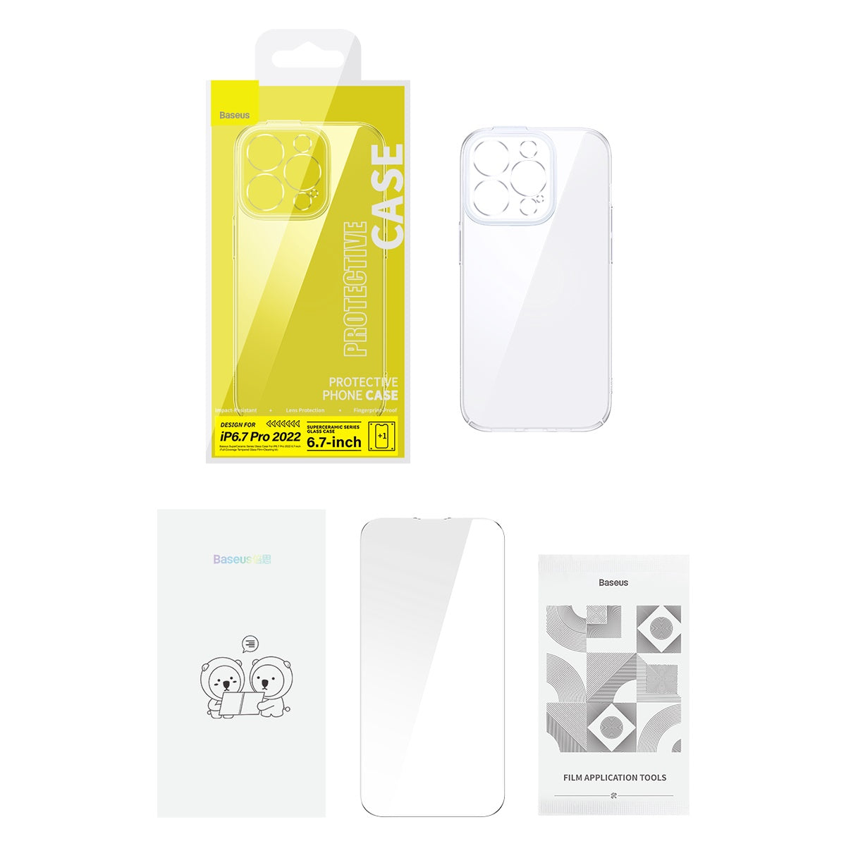 Baseus Super Ceramic Series Glass Case For iPhone 14 Pro Max Tempered Glass + Cleaning kit Clear