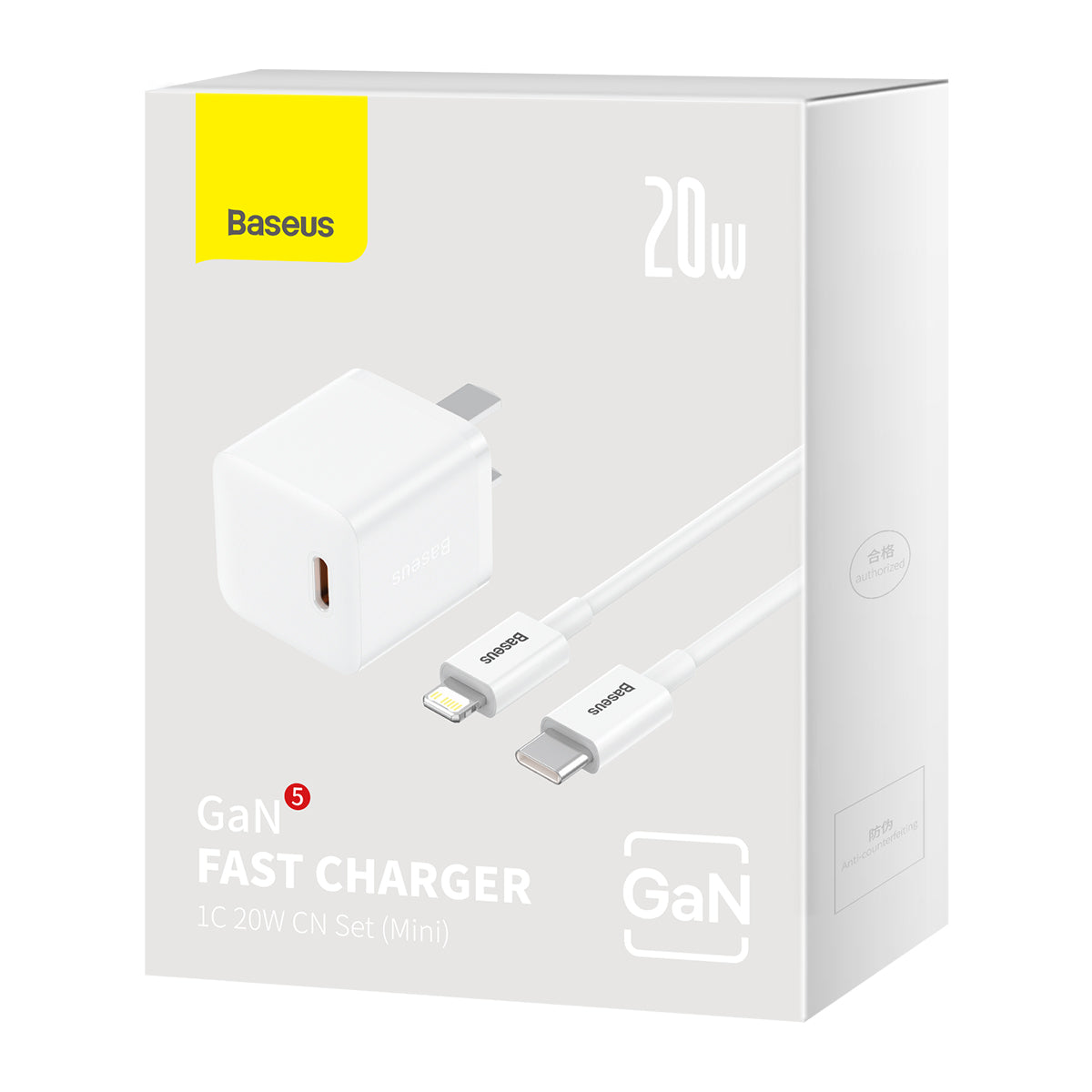 Baseus GaN5 Fast Charger 1C 20W CN Mini White With Type C To iPhone Cable
