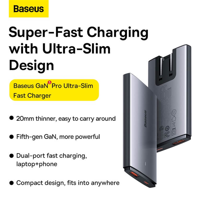 Baseus GaN5 Pro Ultra-Slim Fast Charger C+U 65W with Universal Plugs
