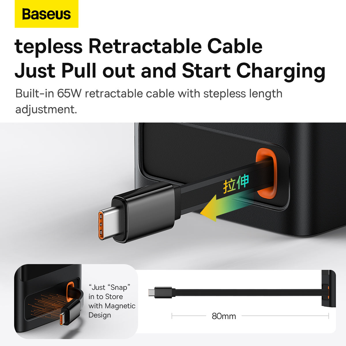 Baseus PowerCombo Digital Power Strip 3AC + USB + Type C+ Retractable-C 65W With 1.5m Power Cord CN Black