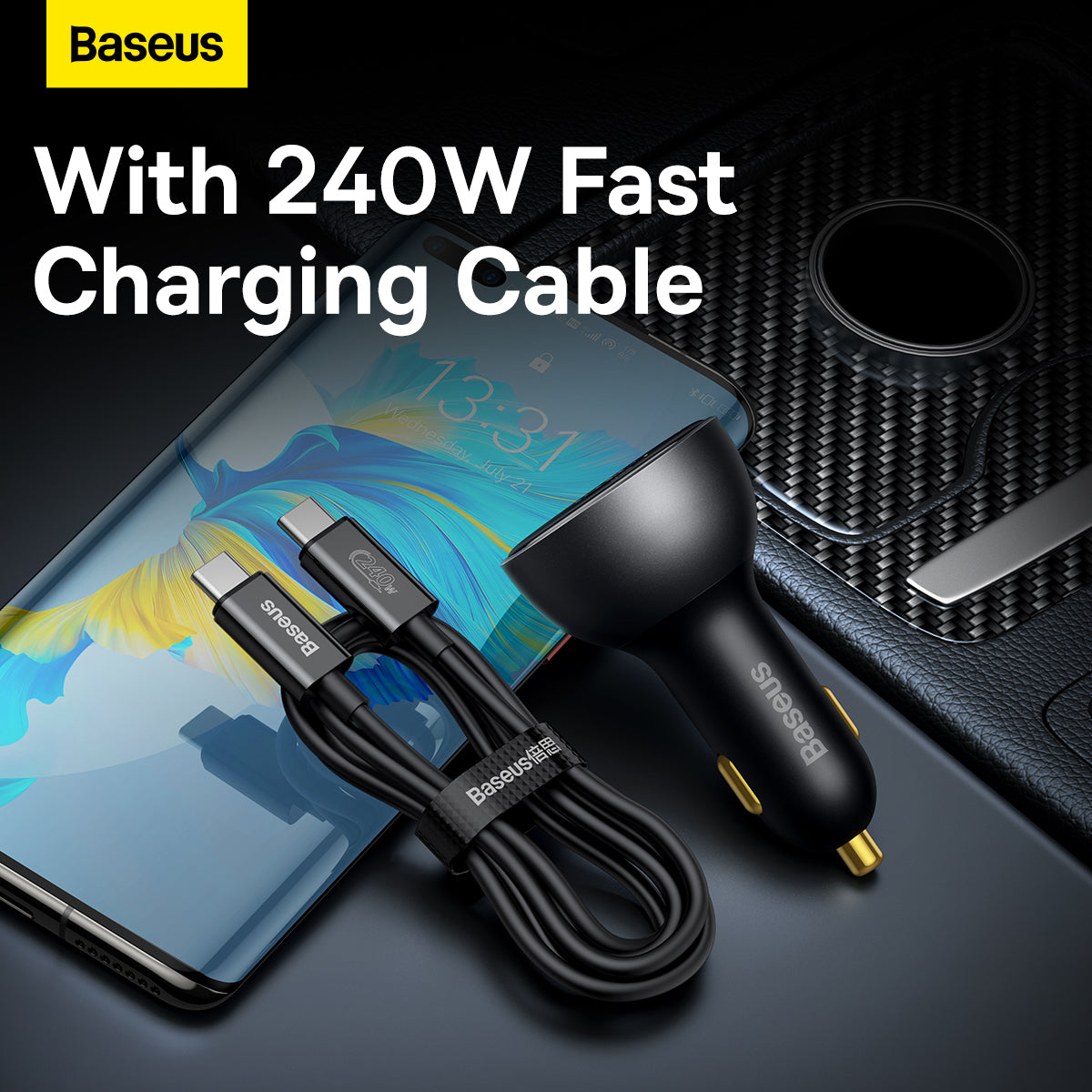 Baseus Digital Display PD3.1 Dual Fast Charger Car Charger U+C 140W Set Obsidian Black With C To C 240W 1m Black