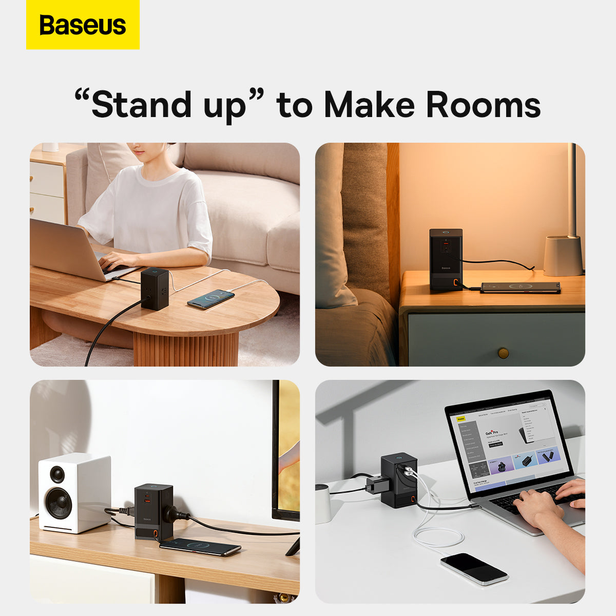 Baseus PowerCombo Digital Power Strip 3AC + USB + Type C+ Retractable-C 65W With 1.5m Power Cord CN Black