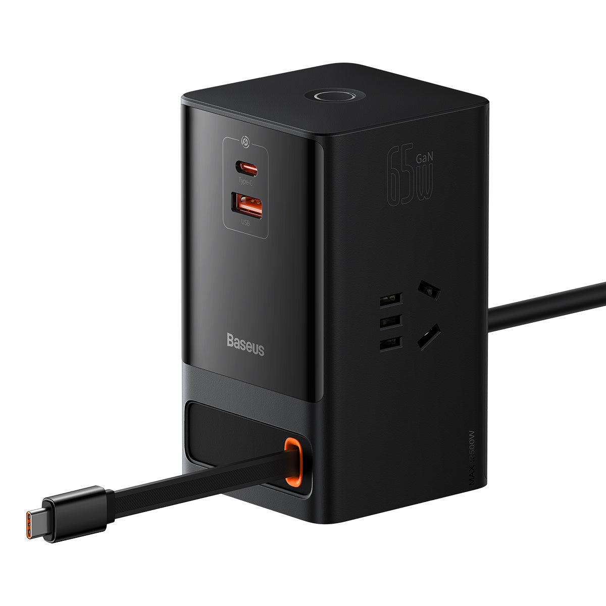 Baseus PowerCombo Digital Power Strip 3AC + USB + Type C+ Retractable-C 65W With 1.5m Power Cord CN Black