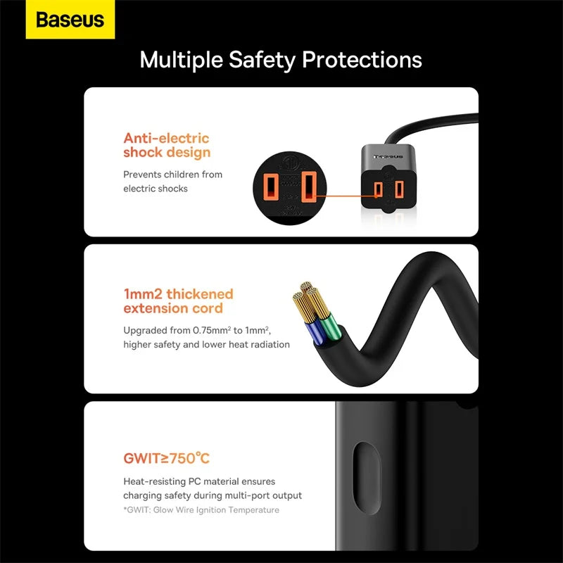 Baseus PowerCombo mini PowerStrip 1AC with 1.0m power cord US Black (Including EU and UK plug adapters)