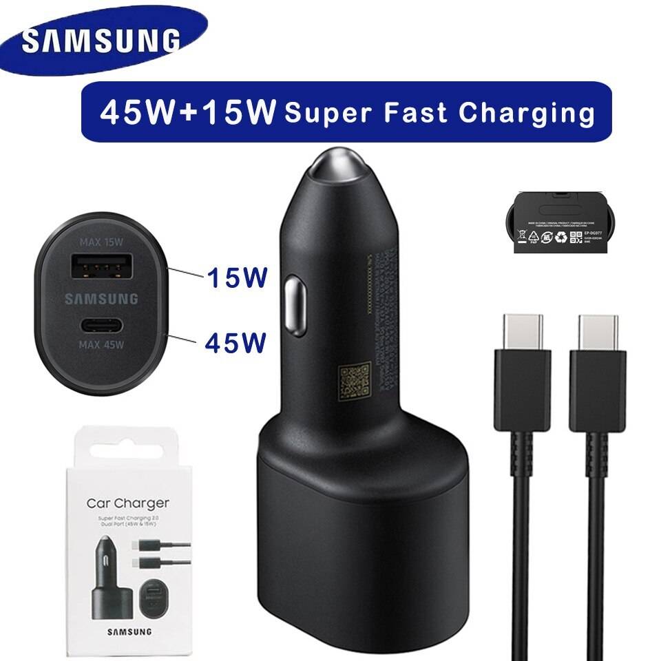 Super Fast Dual Car Charger (45W+15W) with Super Fast Charging Cable for Samsung Galaxy