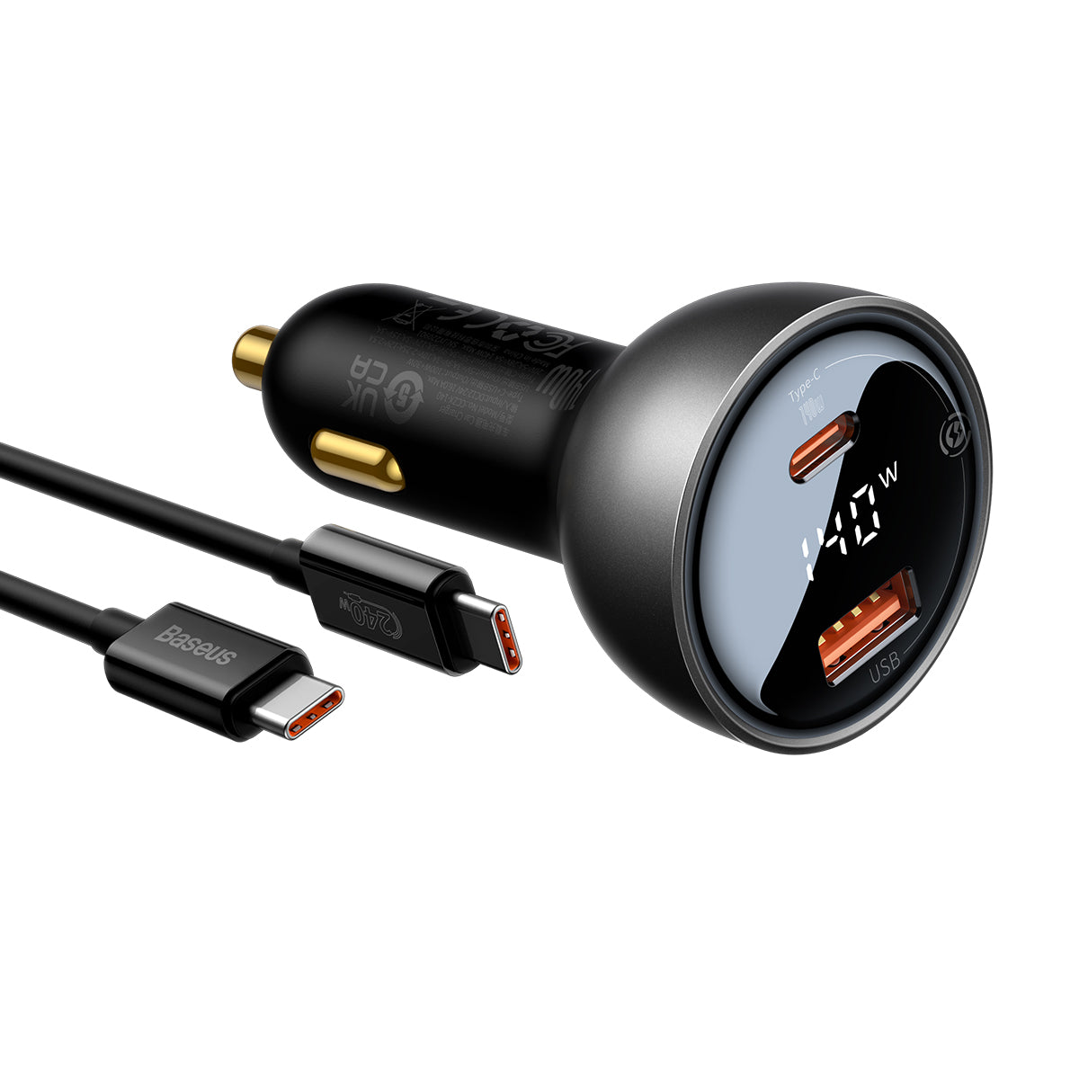 Baseus Digital Display PD3.1 Dual Fast Charger Car Charger U+C 140W Set Obsidian Black With C To C 240W 1m Black