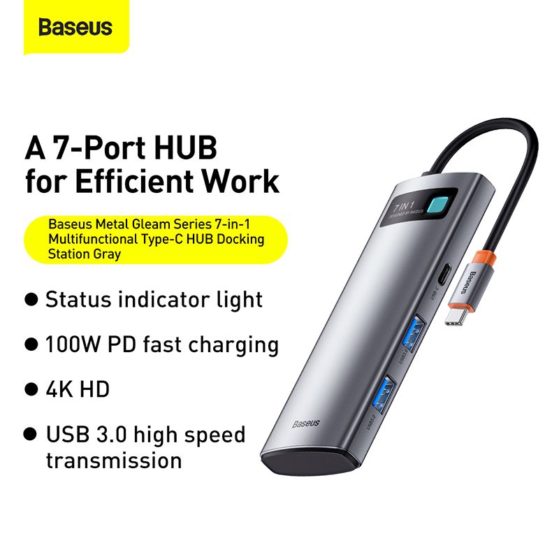 Baseus Metal Gleam Series 7 in 1 Multifunctional Type-C To Type C + HDMI + 2*USB + PD + SD/TF Hub