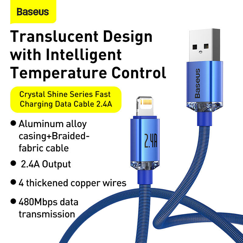 Baseus Crystal Shine Series Data Cable Fast Charging USB to iPhone 2.4A 1.2m Sky Blue