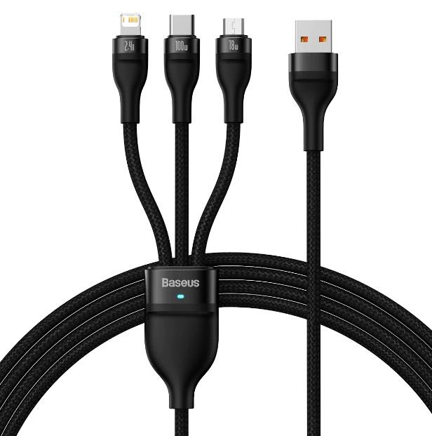 Baseus Flash Series Ⅱ One for three Fast Charging Data Cable USB to M+L+C 66W 1.2m Black