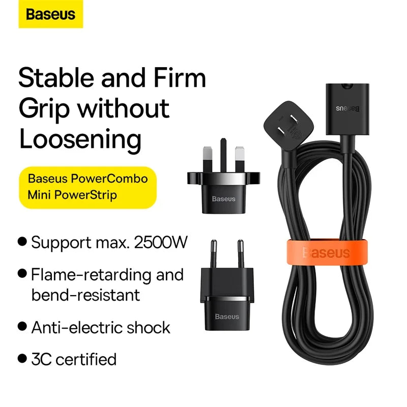 Baseus PowerCombo mini PowerStrip 1AC with 1.0m power cord US Black (Including EU and UK plug adapters)
