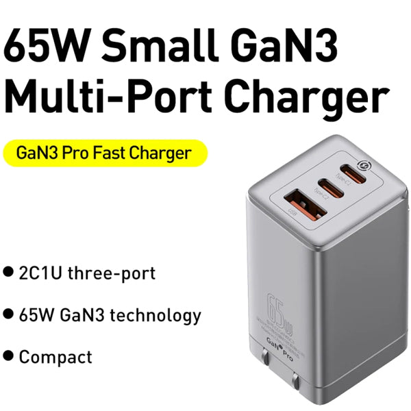 Baseus GaN3 Pro Fast Charger 2*Type C + USB 65W CN Silver