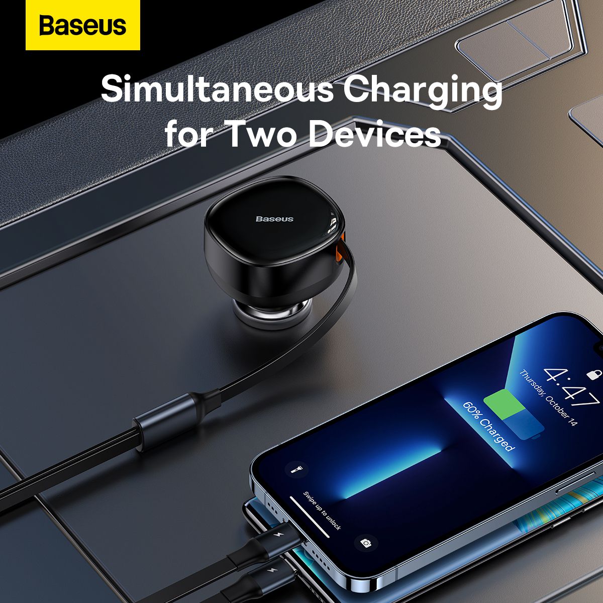 Baseus Car Charger Retractable 2-in-1 C+L 30W Black