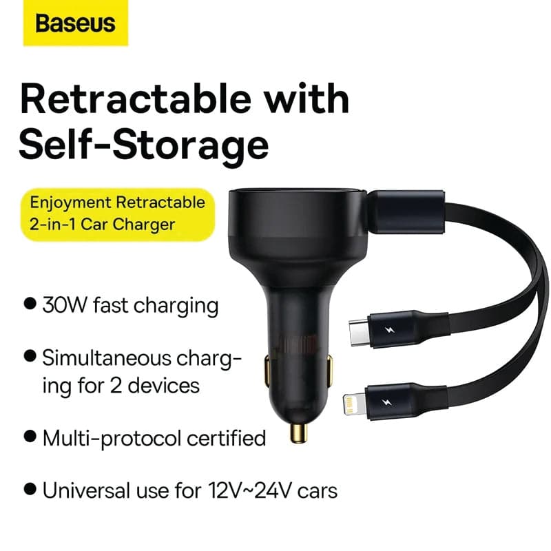 Baseus Car Charger Retractable 2-in-1 C+L 30W Black