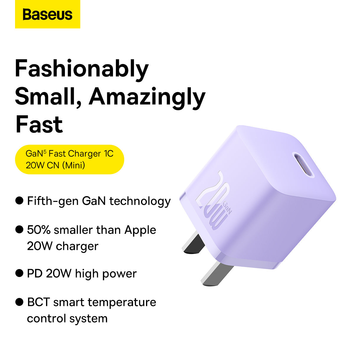Baseus GaN5 Fast Charger 1C 20W CN Set Mini Purple With Type C To iPhone Cable