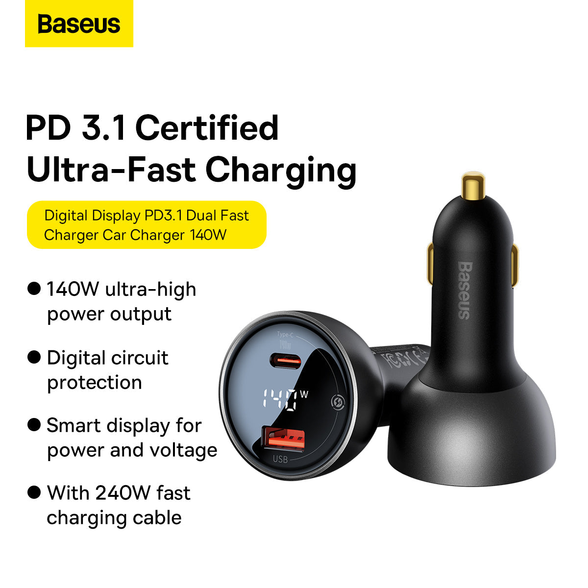 Baseus Digital Display PD3.1 Dual Fast Charger Car Charger U+C 140W Set Obsidian Black With C To C 240W 1m Black