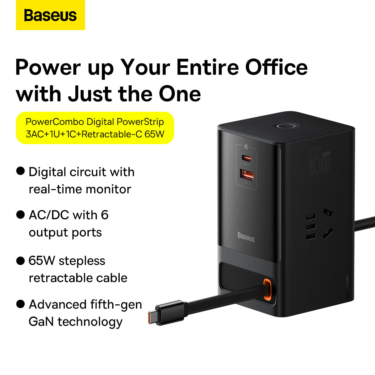 Baseus PowerCombo Digital Power Strip 3AC + USB + Type C+ Retractable-C 65W With 1.5m Power Cord CN Black