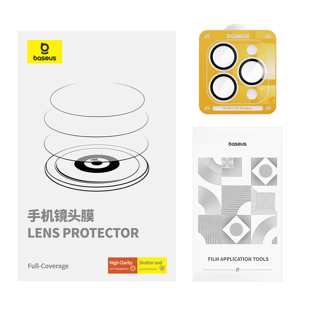 Baseus iPhone 15 Pro/15 Pro Max Corning Series HD Camera Lens Protector, Clear (Pack of 1 with cleaning kit)