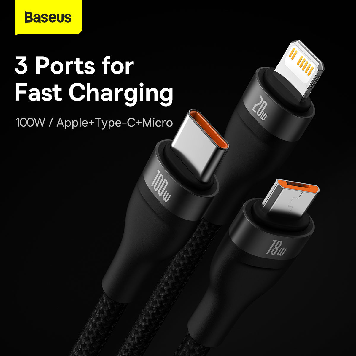 Baseus Flash Series Ⅱ Two for three Charging Cable U+C to M+L+C 100W Black