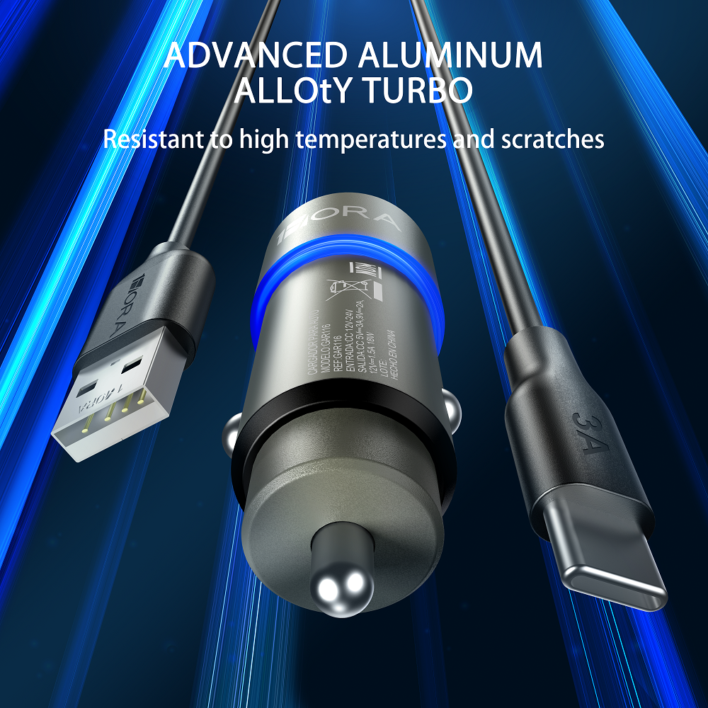 1HORA Circular Aluminium+ABS+PC U Safety Hammer Car Charger+USB-C cable set Black (GAR116)