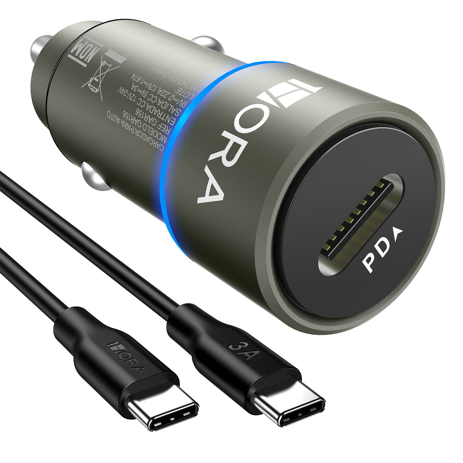 1HORA PD20W Circular Aluminium+ABS+PC C Port Car Charger+C TO C cable set Black (GAR156)