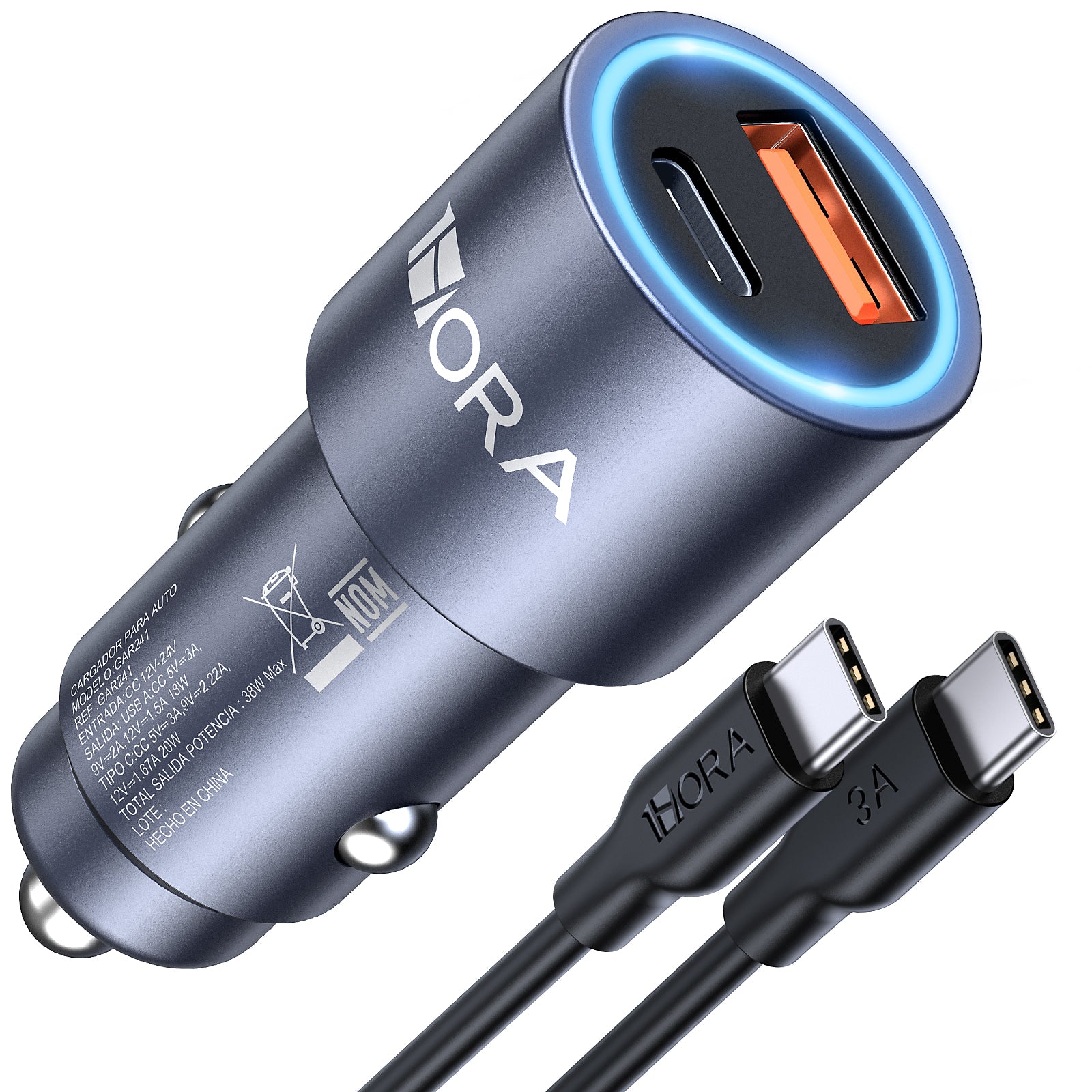 1HORA PD20W+18W Circular Aluminium+ABS+PC C Port Car Charger+C TO C cable set Black(GAR241)