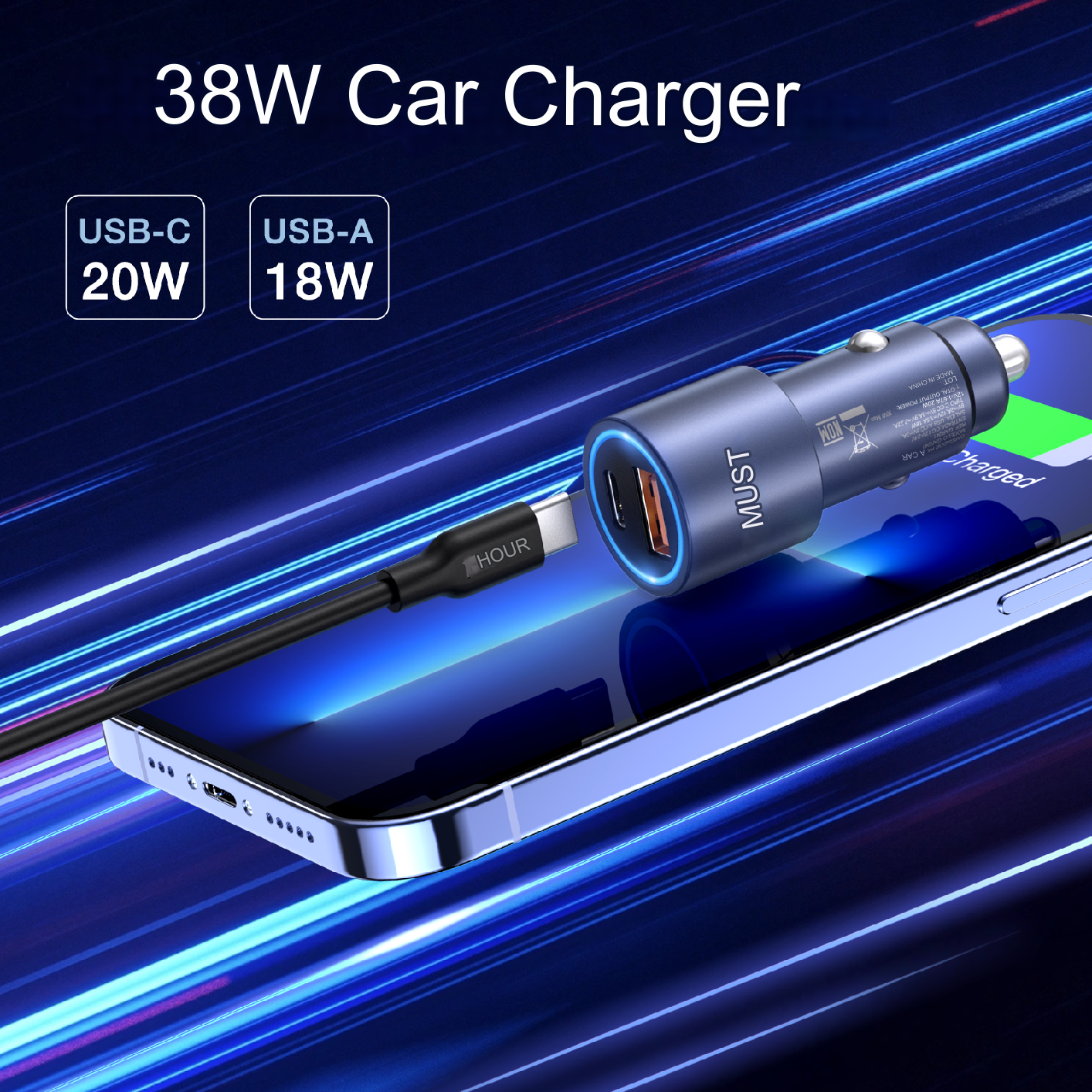1HORA PD20W+18W Circular Aluminium+ABS+PC C Port Car Charger+C TO C cable set Black(GAR241)