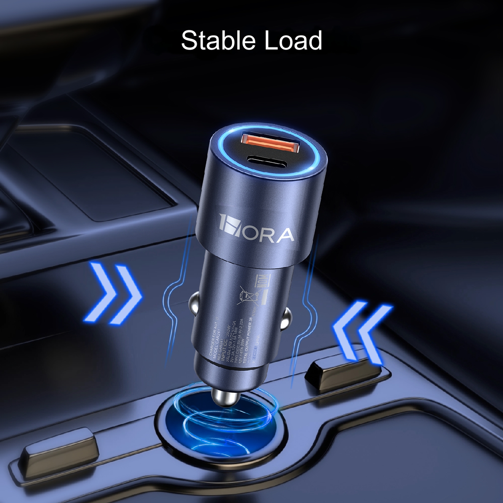 1HORA PD20W+18W Circular Aluminium+ABS+PC C Port Car Charger+C TO C cable set Black(GAR241)
