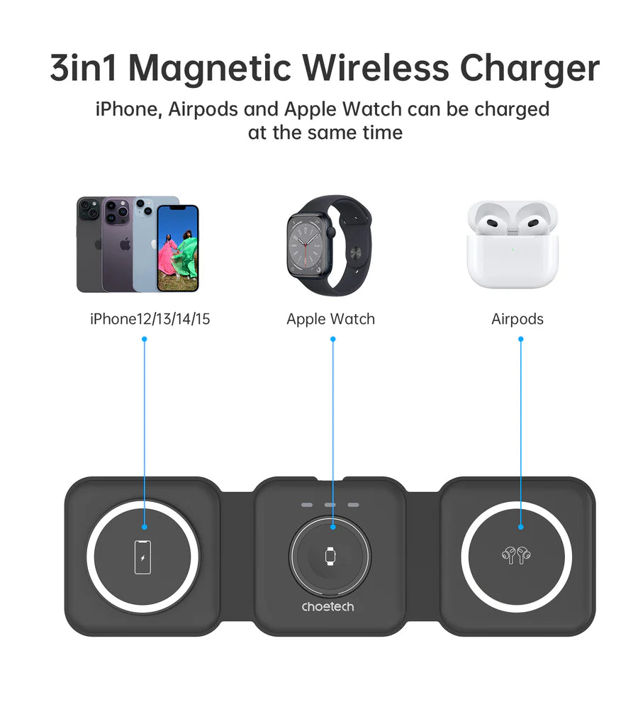 T588-F Choetech 3 in1 Foldable Magnetic wireless charger station for iPhone 12/13/14 series, Air Pods Pro and iWatch charger BK