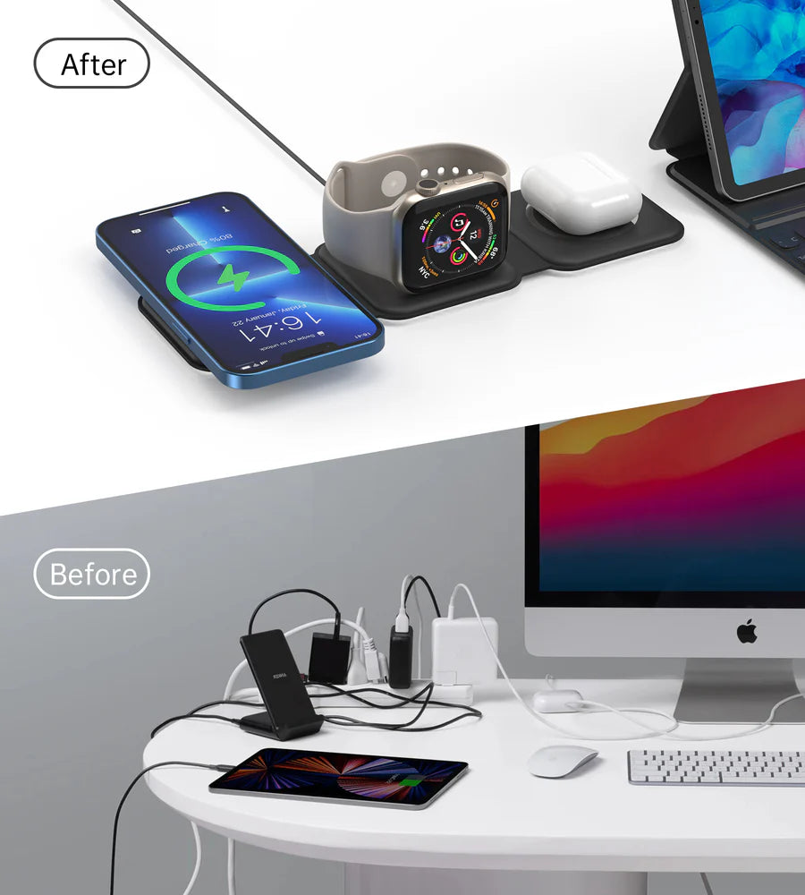 T588-F Choetech 3 in1 Foldable Magnetic wireless charger station for iPhone 12/13/14 series, Air Pods Pro and iWatch charger BK