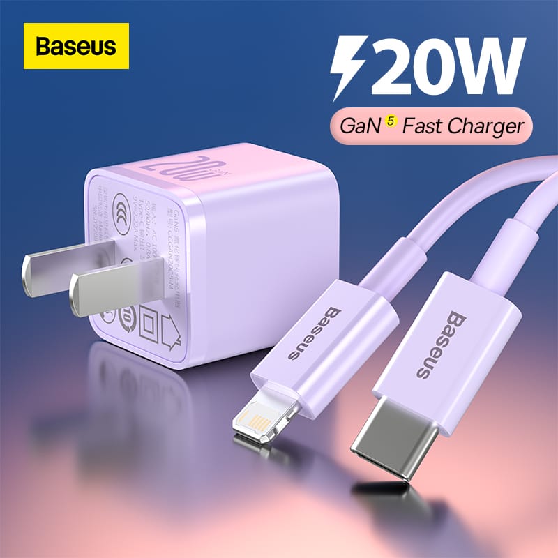 Baseus GaN5 Fast Charger 1C 20W CN Set Mini Purple With Type C To iPhone Cable