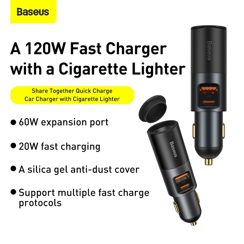 Baseus Share Together Fast Car Charger Cigarette Lighter Expansion Port U+C 120W