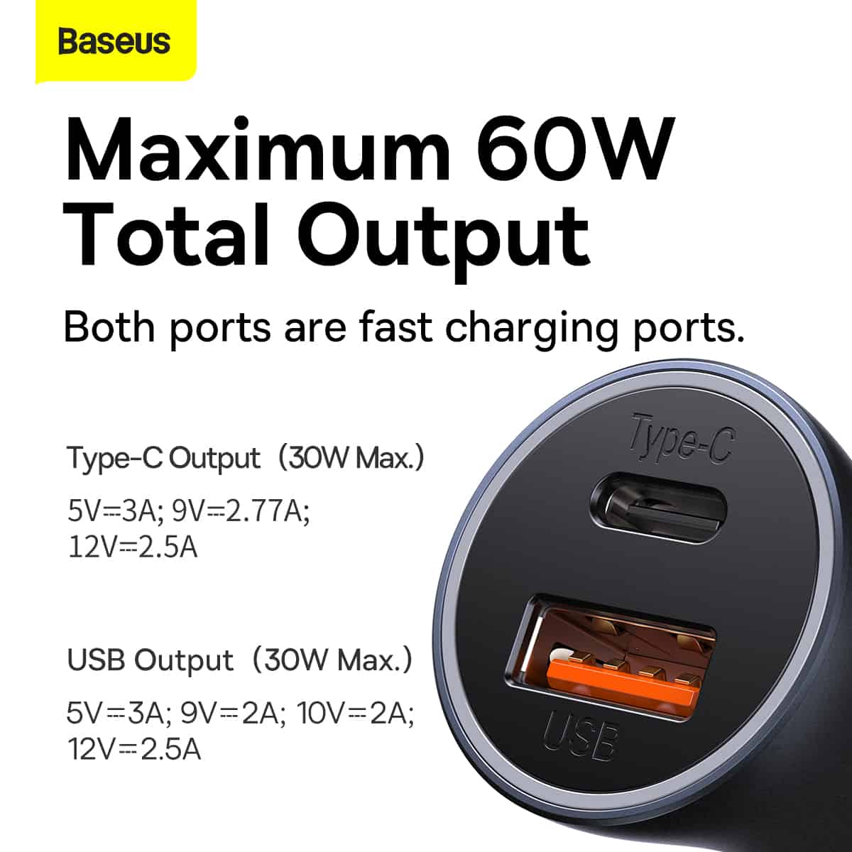 Baseus Fast Car Charger Dual Golden Contactor 60W