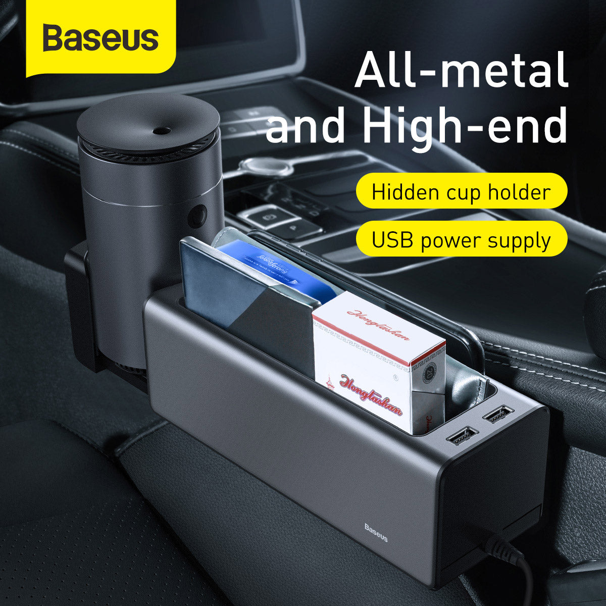 Baseus Deluxe Metal Armrest Console Organizer Dual USB Power Supply