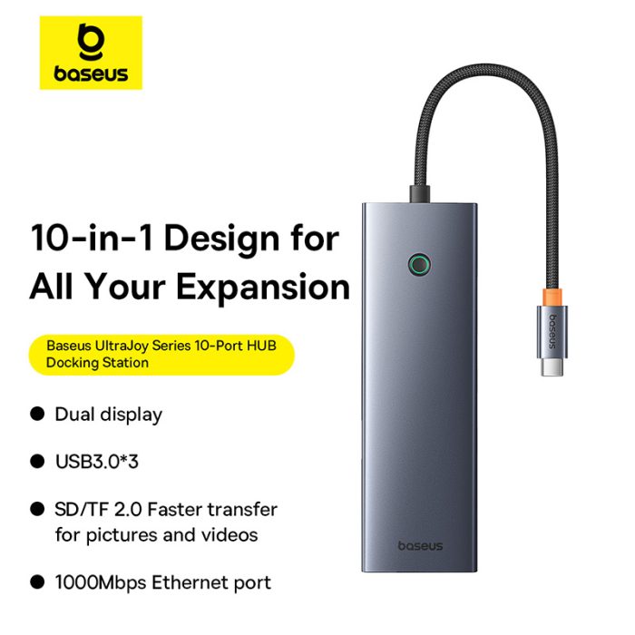 Baseus UltraJoy Series 10-Port HUB Docking Station Space Grey（Type-C to HDMI4K@60Hz*1+VGA*1+USB 3.0*3+PD*1+RJ45*1+SD/TF*1+3.5mm*1）