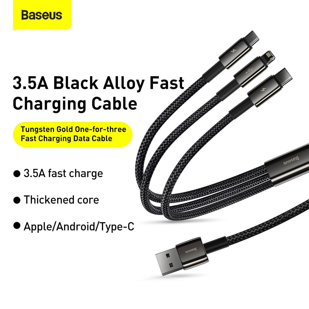 Baseus Tungsten Gold 3 in 1 Fast Charging Data Cable USB to Micro + iPhone + Type C 3.5A 1.5m Black