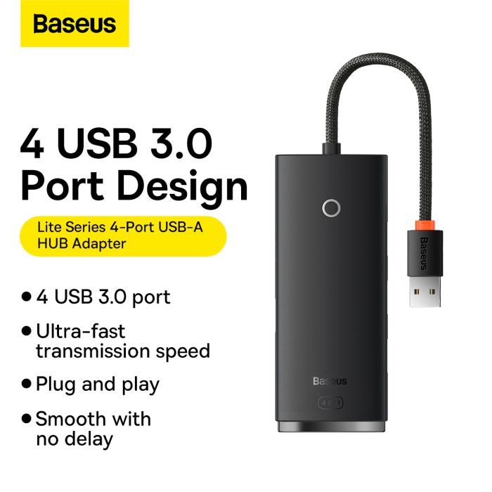 Baseus Lite Series 4-Port USB-A HUB Adapter (USB-A to USB 3.0*4) 25cm Black