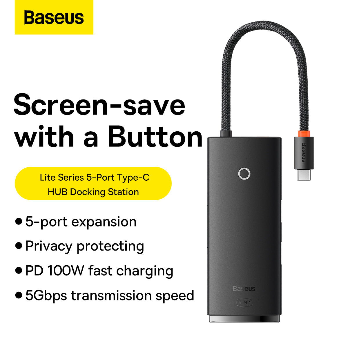 Baseus Lite Series 5 in 1 Type C To HDMI + USB3.0 * 3 + Type C PD Port Black