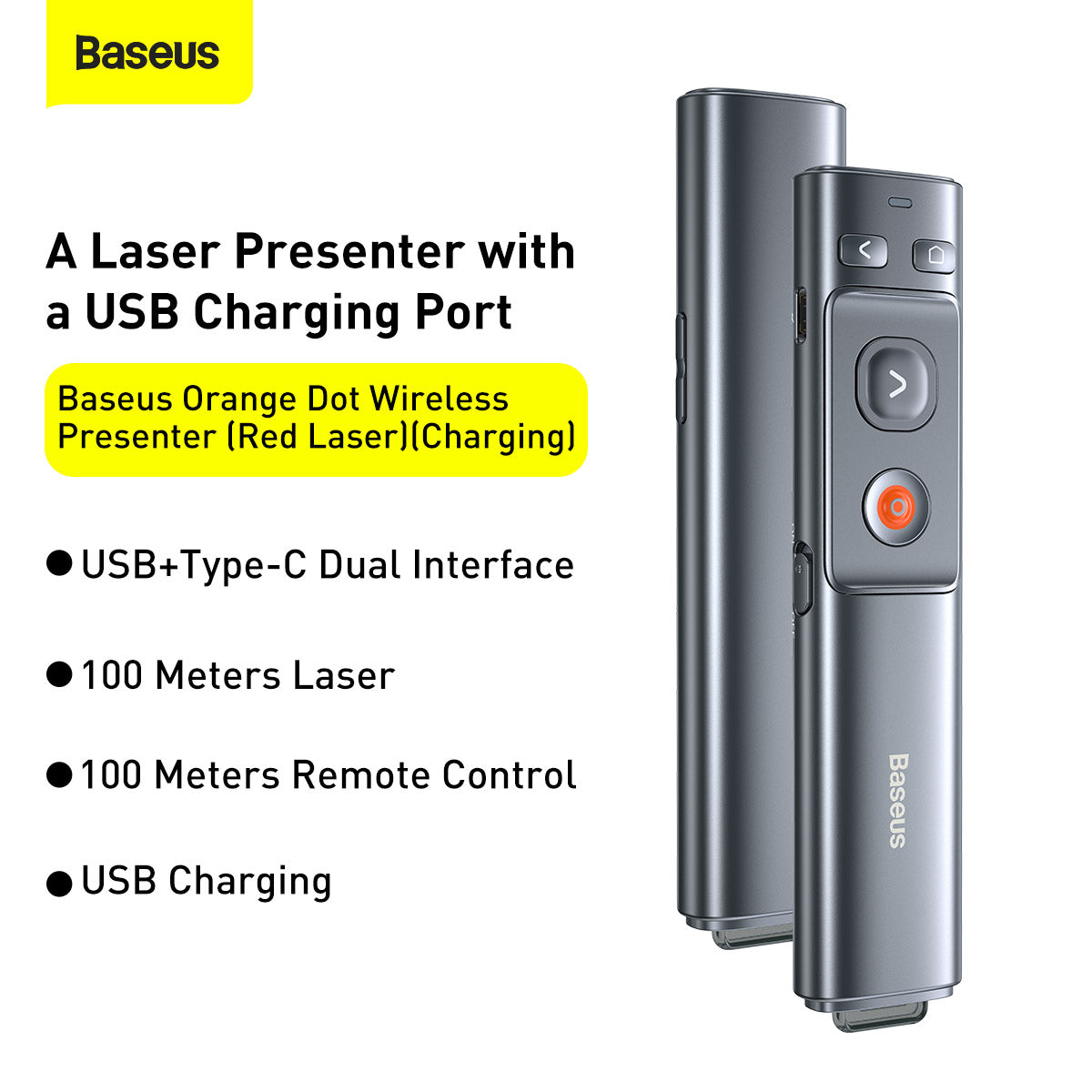 Baseus Orange Dot Wireless Presenter (Red Laser) Grey