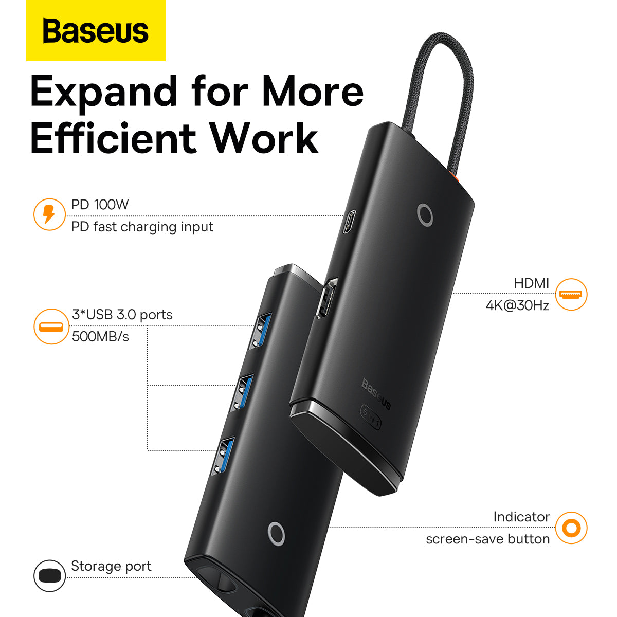 Baseus Lite Series 5 in 1 Type C To HDMI + USB3.0 * 3 + Type C PD Port Black