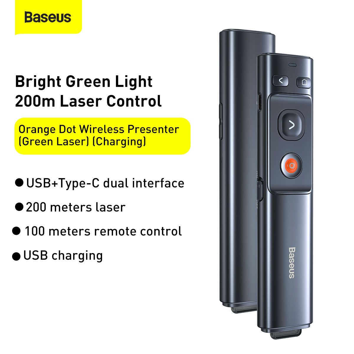 Baseus Orange Dot Wireless Presenter (Green Laser)(Charging) Grey