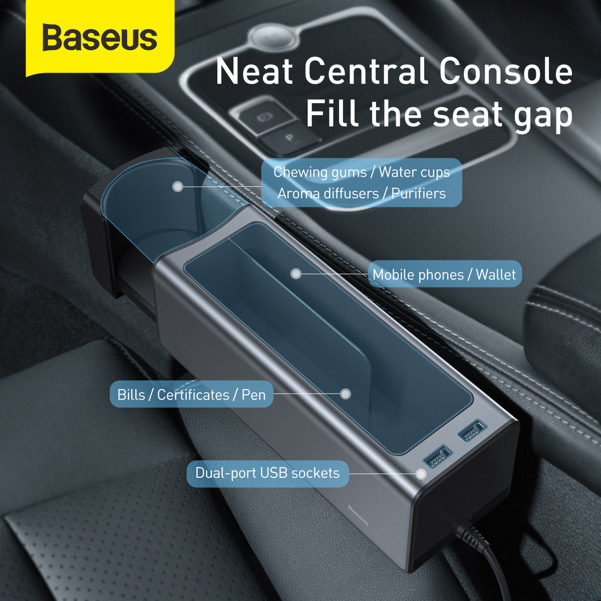Baseus Deluxe Metal Armrest Console Organizer Dual USB Power Supply