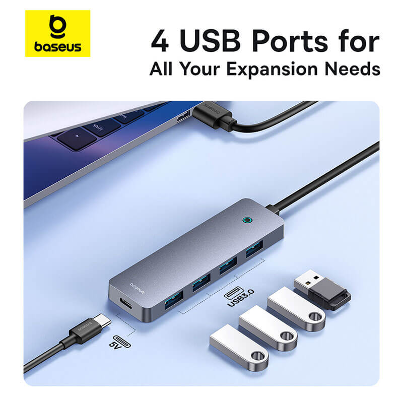 Baseus UltraJoy Series 4-Port HUB Lite 15cm Space Grey （USB-A to USB 3.0*4+USB-C 5V）