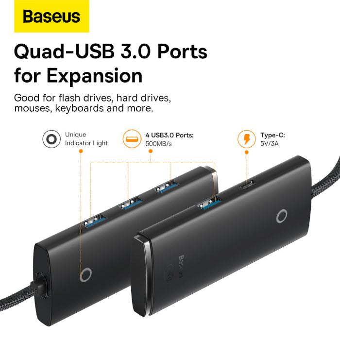 Baseus Lite Series 4-Port USB-A HUB Adapter (USB-A to USB 3.0*4) 25cm Black