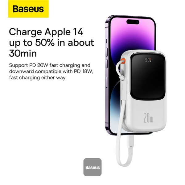 Baseus Qpow Pro 20W Digital Display Fast Charge Power Bank 10000mAh With iPhone Cable White