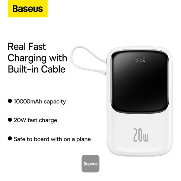 Baseus Qpow Pro 20W Digital Display Fast Charge Power Bank 10000mAh With iPhone Cable White