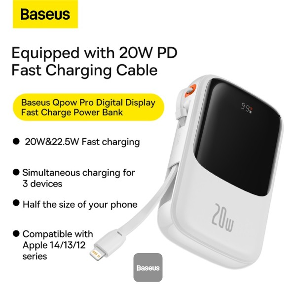 Baseus Qpow Pro 20W Digital Display Fast Charge Power Bank 10000mAh With iPhone Cable White